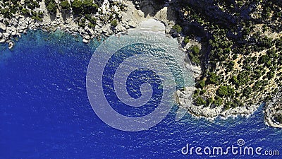 Aerial view of sea water and beautiful bay among the rocks. Mediterranean nature top view Stock Photo