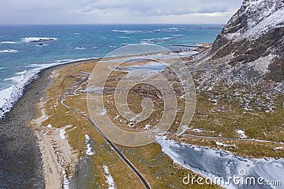 Aerial view of seascape at Skagsanden beach in Lofoten islands, Nordland county, Norway, Europe. Nature landscape background in Stock Photo