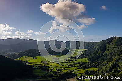 Aerial view of Sete Cidades at Lake Azul on the island Sao Miguel Azores, Portugal. Photo made from above by drone Stock Photo