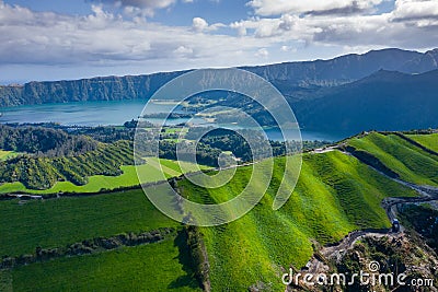 Aerial view of Sete Cidades at Lake Azul on the island Sao Miguel Azores, Portugal. Photo made from above by drone Stock Photo