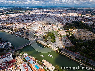 Aerial view Sevilla of city center with embankment of Guadalquivir. Stock Photo