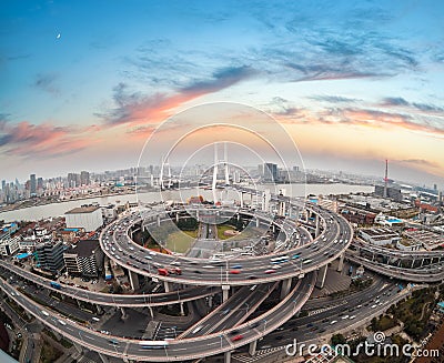 Aerial view of shanghai nanpu bridge in sunset Stock Photo