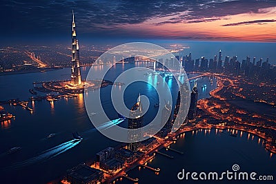 Aerial view of shanghai skyline at night,China, Dubai and the Persian gulf at, AI Generated Stock Photo