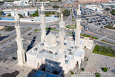 Aerial view of Sheikh`s Zayed`s Mosque in Ras al Khaimah, United Arab Emirates, stands out on the Corniche looking down at the Editorial Stock Photo