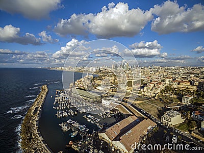 Aerial view of Ships anchoring at the Jaffa port Stock Photo