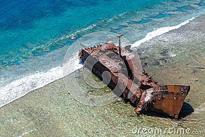 Aerial view of the shipwreck site of MV Ever Prosperity ship, Monrovia, Liberia. Coral sea, New Caledonia, Oceania. Stock Photo