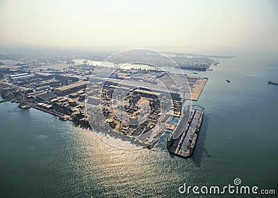 Aerial view shipyard have crane machine and container ship in gr Stock Photo