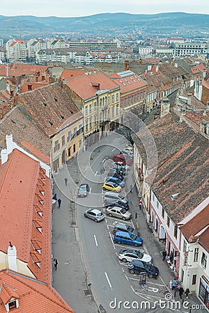 Aerial view of Sibiu and a busy street Editorial Stock Photo