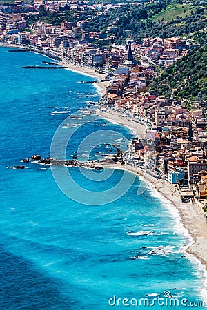 Aerial view Sicily, Mediterranean Sea and coast. Taormina, Italy Stock Photo