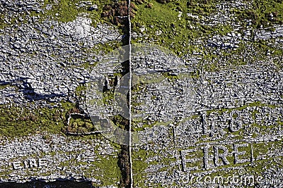 Aerial view on sign Ireland in Irish language 48 EIRE made out of rocks in Burren area. West of Ireland. Popular travel region on Stock Photo