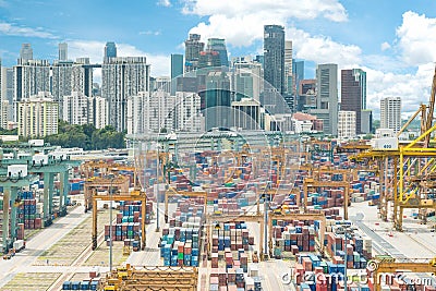 Aerial view of Singapore cargo container port and Singapore city Stock Photo