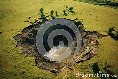 aerial view of a sinkhole forming in a grassy field Stock Photo