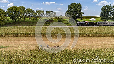 Aerial View of Six Horses Pulling an Amish Harvesting Corn Stalk Machine, as a Steam Passenger Train Travels Bye Editorial Stock Photo