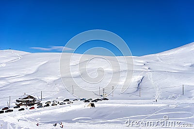 Aerial View of skiers at Ski Resort Falakro, in Greece. Stock Photo