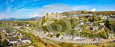 Aerial view of the skyline of Harlech with it`s 12th century castle, Wales, United Kingdom Stock Photo