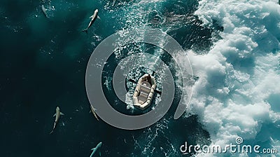 Serene marine scene with a lone boat amidst ocean waves, surrounded by sharks. tranquil but thrilling nature shot. AI Stock Photo