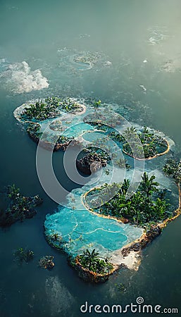 Aerial view of small exotic atoll islands in the open ocean sea. Beautiful nature landscape Stock Photo