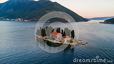 Aerial view of small islands of Ostrvo and Sveti Juraj monastery in the bay of Kotor, Montenegro Stock Photo
