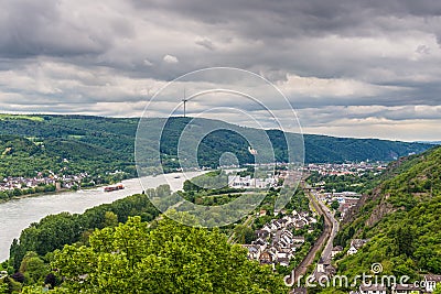 Aerial view of the small town Braubach and the Rhine Valley Editorial Stock Photo