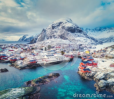 Aerial view of small village on the mountain in winter Stock Photo