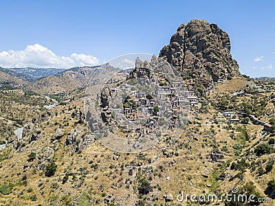 Aerial view of the Small village of Pentedattilo, church and ruins of the abandoned village, Greek colony on Mount Calvario, whose Stock Photo