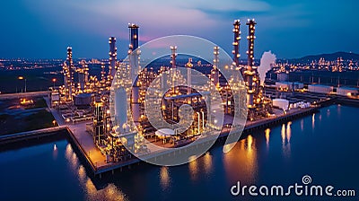 Aerial view of smart chemical oil refinery plant, Gas Oil depot, Crude Oil Refinery Plant Steel Pipe line and Chimney Stock Photo