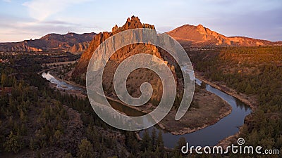 Aerial View Smith Rock Tuft and Basalt Cliffs Crooked River Sunset Stock Photo