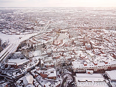 Aerial view of snow compromised rail and road networks. Stock Photo