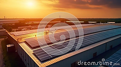 Aerial view of solar panels on factory roof. Voltaic panels system product Stock Photo