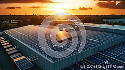 Aerial view of solar panels on factory roof. Voltaic panels system product Stock Photo