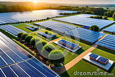 Aerial view of solar panels and roof greening measures in a housing estate. Stock Photo