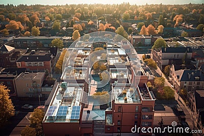 aerial view of solar panels on urban rooftops Stock Photo