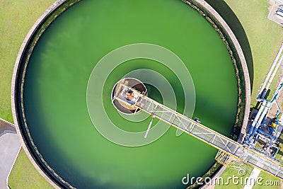 Aerial view of The Solid Contact Clarifier Tank type Sludge Recirculation in Water Treatment plant in factory. Industry and Stock Photo