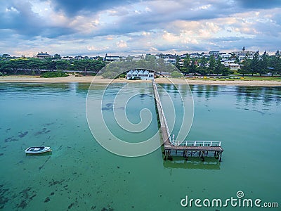 Aerial view of Sorrento Long Pier and The Baths Restaurant at Sunrise. Mornington Peninsula, Melbourne, Australia. Editorial Stock Photo