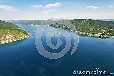 Aerial view of the source of the Angara River, the village of Listvyanka. Lake Baikal in summer Stock Photo