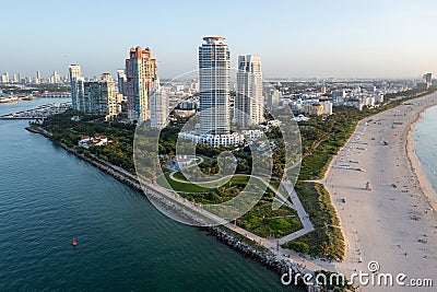 Aerial view of South Beach and South Pointe in Miami Beach, Florida at sunrise. Stock Photo