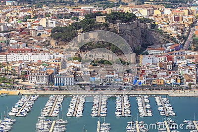 Aerial view of the Spanish Denia castle and port Editorial Stock Photo