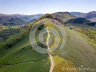Aerial view of the spectacular Catbells ridge overlooking Derwentwater in the English Lake District National Park Stock Photo