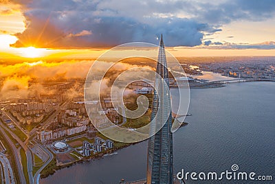 Aerial view of the spire of a skyscraper Lakhta Center and a panorama coast of the Gulf of Finland and the islands of the city, Editorial Stock Photo
