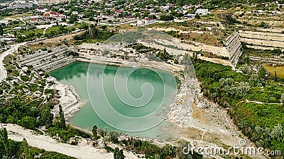 Aerial view of the St. Klimentovsky limestone lake. Inkerman Stock Photo