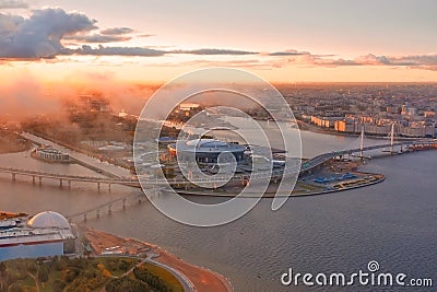 Aerial view of Stadium Zenit Arena panorama coast of the Gulf of Finland and the islands of the city, low morning clouds fog. Editorial Stock Photo