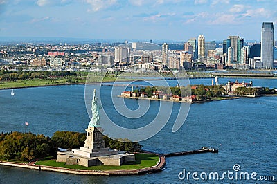 Aerial view of the Statue of Liberty and Ellis Island Editorial Stock Photo