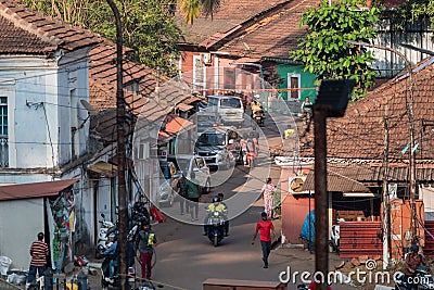 Aerial view of a street with old vintage houses in the Fontainhas district of the city of Editorial Stock Photo
