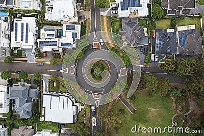 Aerial view of street roundabout with modern prestige houses in suburban Sydney, Australia Stock Photo