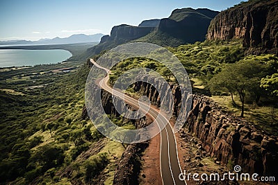 Aerial view of stunning mountain serpentine road with big lake in gorge on sunny day Stock Photo