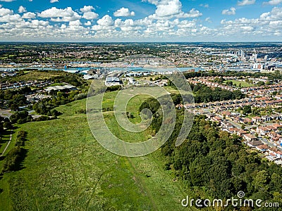 Aerial view of suburban houses in Ipswich, UK. River Orwell and marina in background. Stock Photo