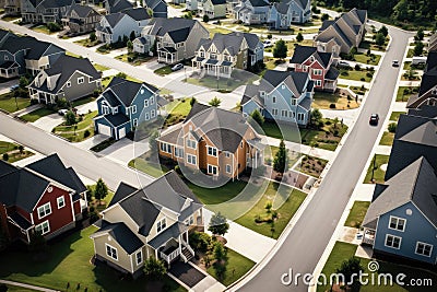 Aerial view of a suburban neighborhood with homes in the middle, Aerial view of a cul-de-sac at a neighborhood road dead end with Stock Photo