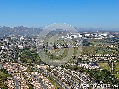 Aerial view suburban neighborhood with identical villas next to each other in the valley. San Diego, California, Stock Photo