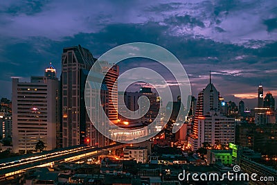 Aerial view of Sukhumvit Road District in the evening light, Bangkok, Thailand Stock Photo