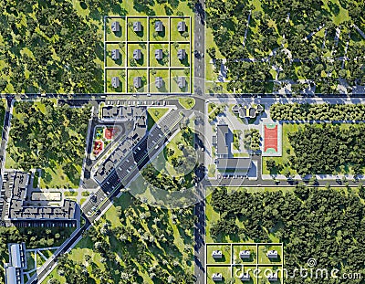 Aerial view of summer green town, 3d render Stock Photo